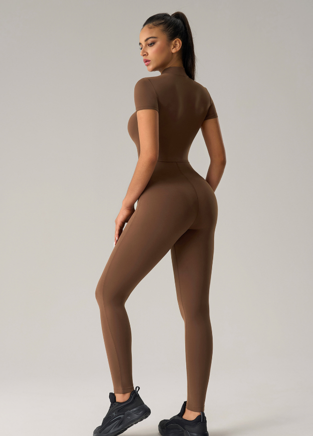 Nude Feel Zipper Short Sleeve Yoga Jumpsuit Hip Raise Slimming Sports Tight One Piece Fitness Pants