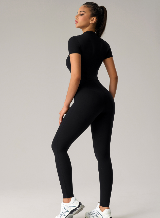 Nude Feel Zipper Short Sleeve Yoga Jumpsuit Hip Raise Slimming Sports Tight One Piece Fitness Pants