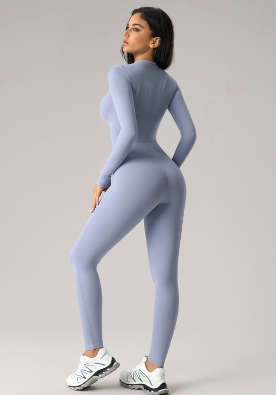 High Elastic Jumpsuit Yoga Clothes Half Long-Sleeve Zipper Fitness Clothes Peach Hip Raise One Piece Yoga Pants