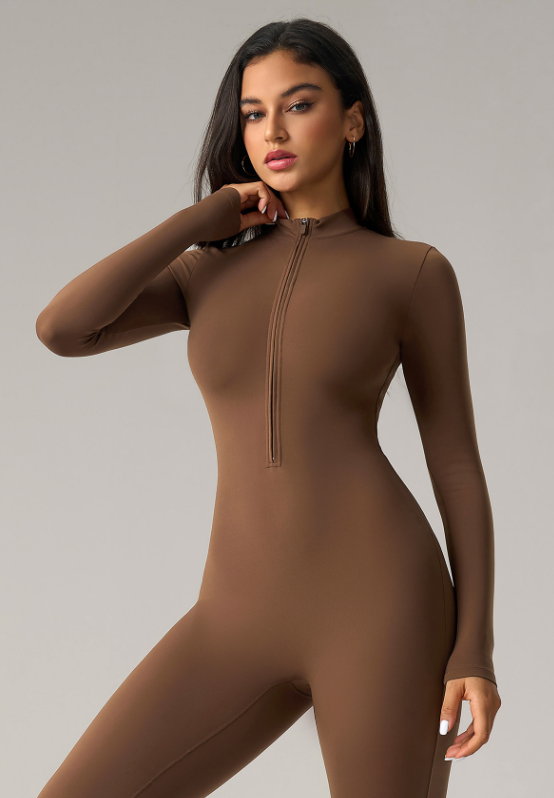 High Elastic Jumpsuit Yoga Clothes Half Long-Sleeve Zipper Fitness Clothes Peach Hip Raise One Piece Yoga Pants