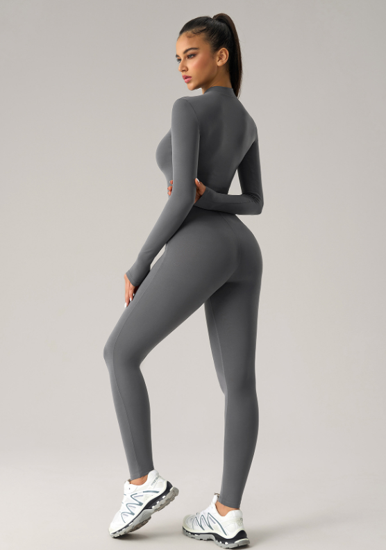 High Elastic Jumpsuit Yoga Clothes Half Long-Sleeve Zipper Fitness Clothes Peach Hip Raise One Piece Yoga Pants