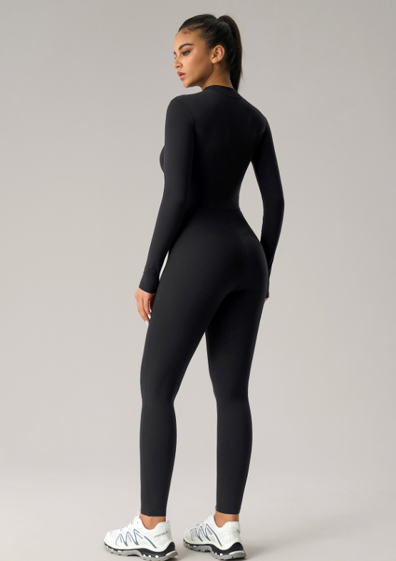 High Elastic Jumpsuit Yoga Clothes Half Long-Sleeve Zipper Fitness Clothes Peach Hip Raise One Piece Yoga Pants