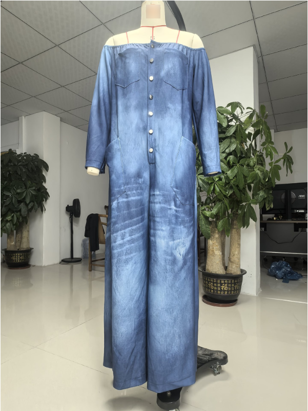Spring Women Sexy Single Breasted off Shoulder Wash Imitation Denim Jumpsuit