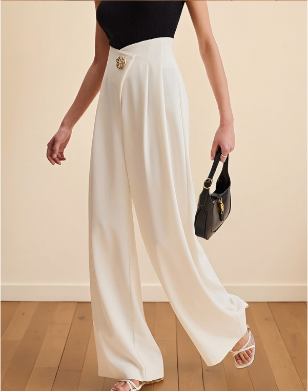 Women high waist wide leg pants Irregular Asymmetric cinched pocket high quality trousers wide leg pants