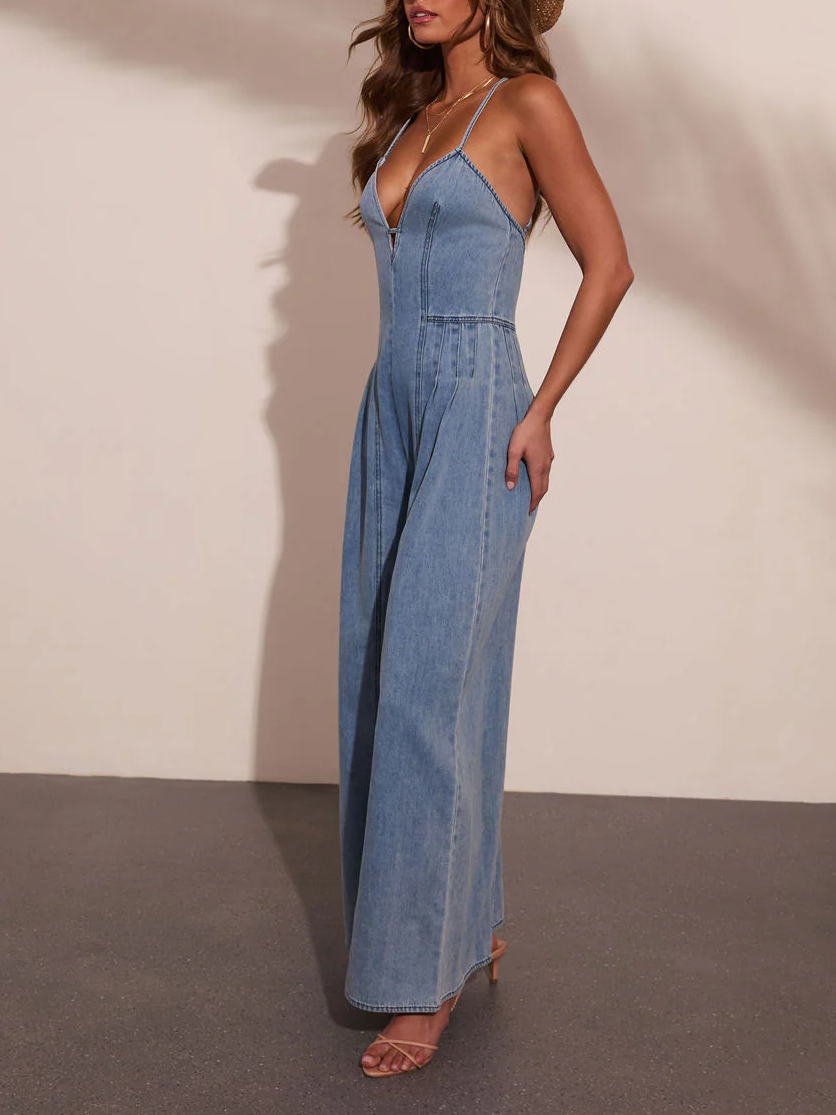 Ladies Summer Jumpsuit Denim Washed High Elastic Hipster Backless Sling Wide Leg Trousers