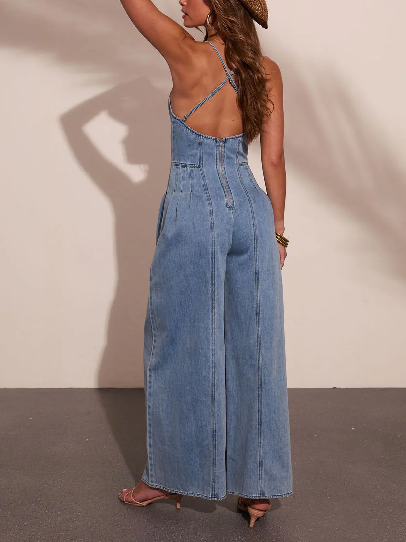 Ladies Summer Jumpsuit Denim Washed High Elastic Hipster Backless Sling Wide Leg Trousers