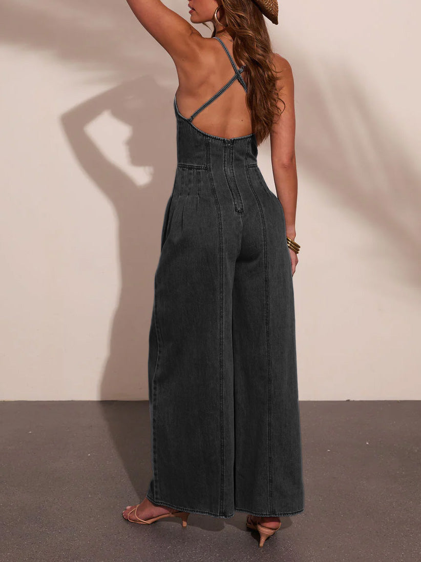 Ladies Summer Jumpsuit Denim Washed High Elastic Hipster Backless Sling Wide Leg Trousers