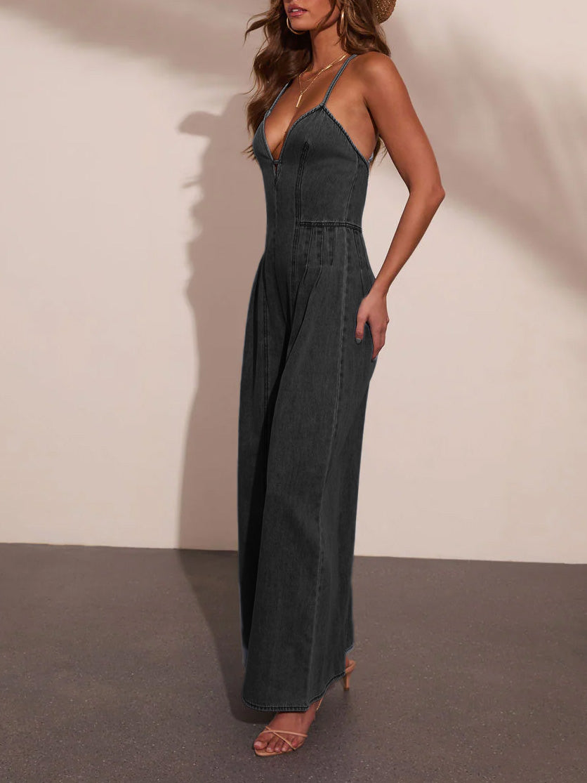 Ladies Summer Jumpsuit Denim Washed High Elastic Hipster Backless Sling Wide Leg Trousers