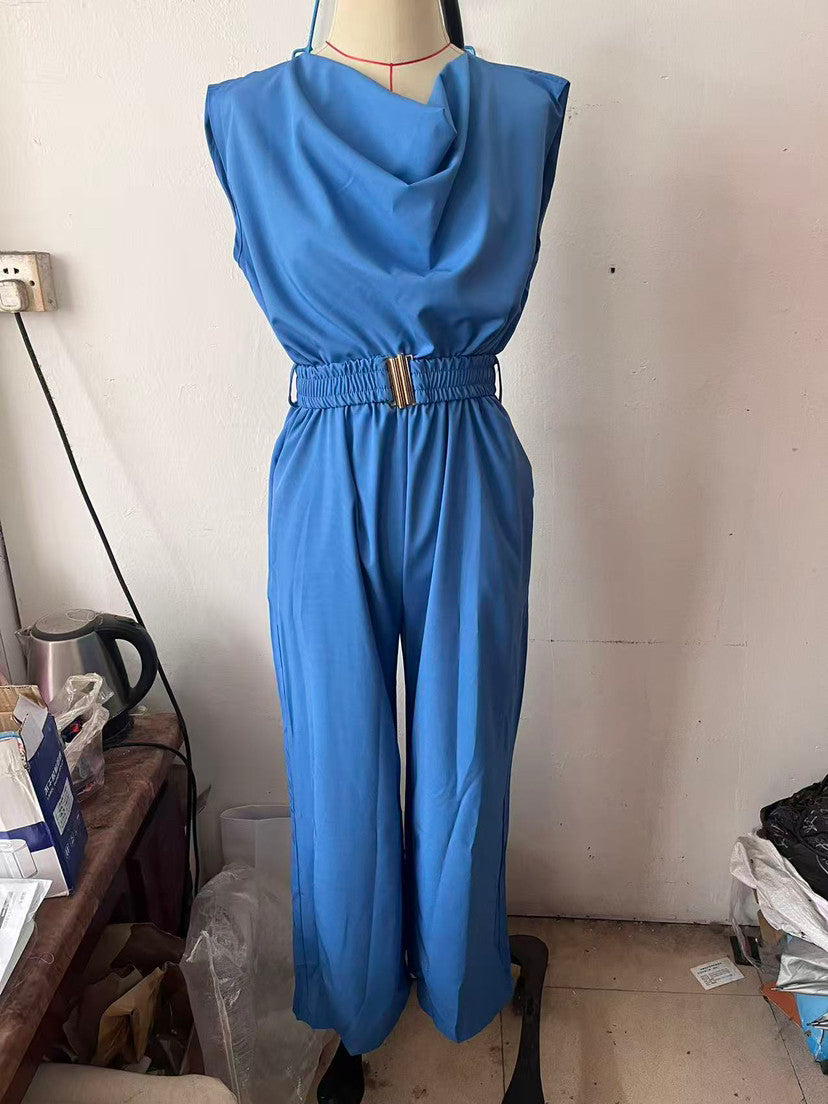 Summer Women Sleeveless Office Waist Wide Leg Jumpsuit