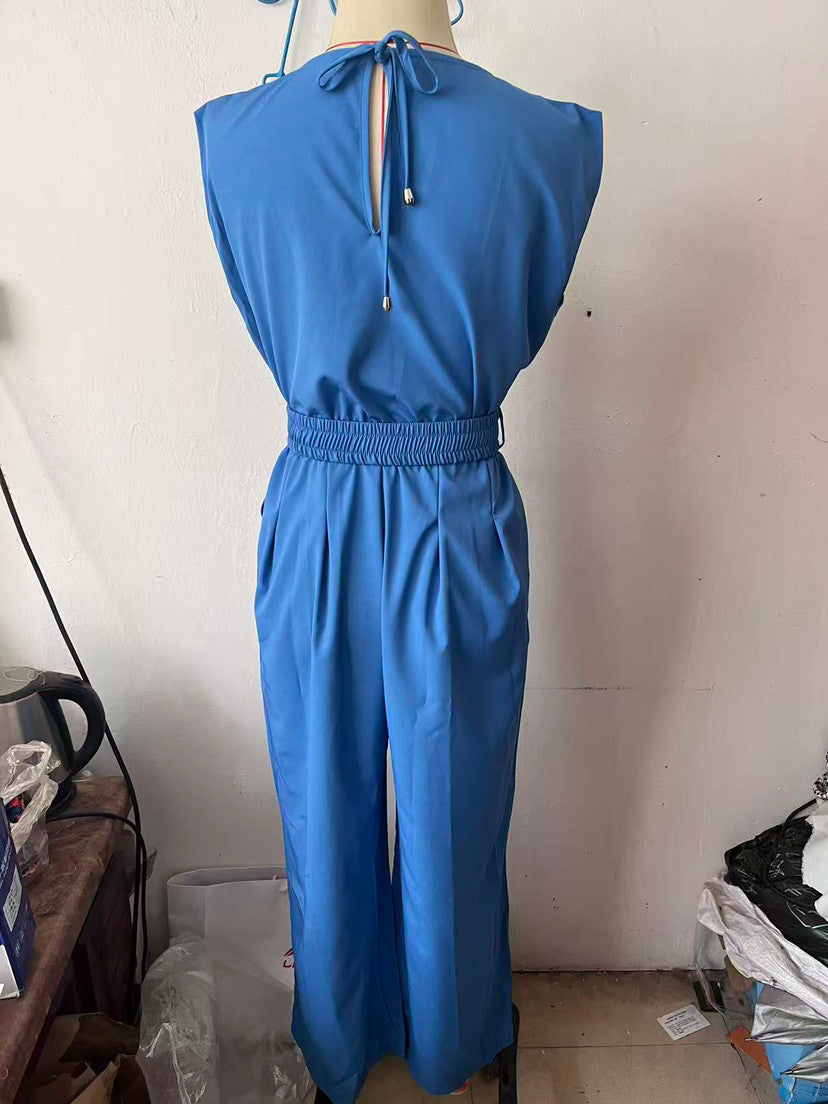 Summer Women Sleeveless Office Waist Wide Leg Jumpsuit