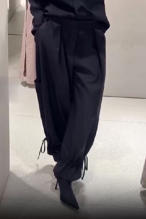 Women Hem Lace Drawstring Strap Wide Leg Trousers Casual Pants