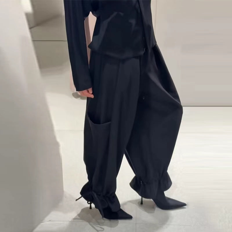 Women Hem Lace Drawstring Strap Wide Leg Trousers Casual Pants