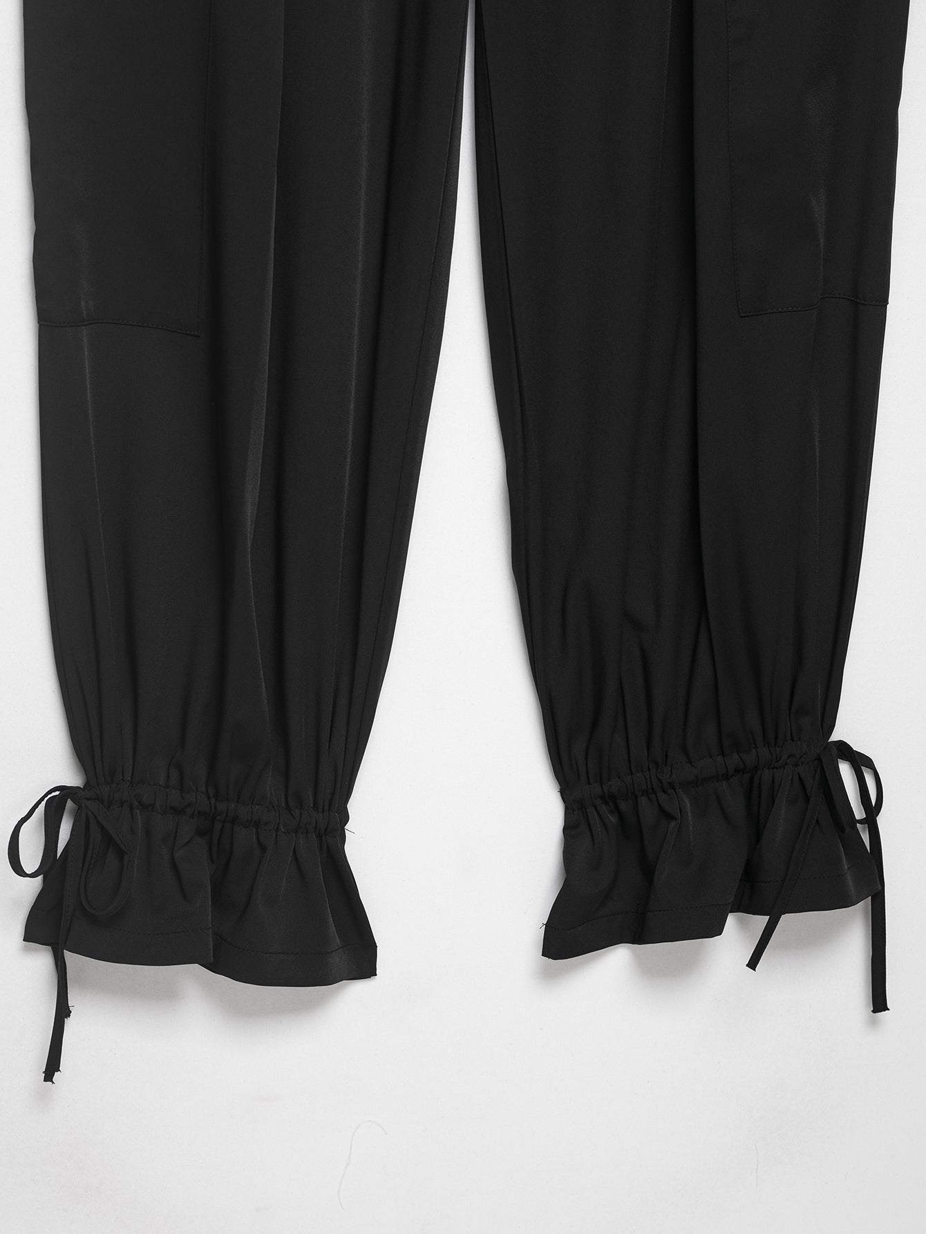 Women Hem Lace Drawstring Strap Wide Leg Trousers Casual Pants