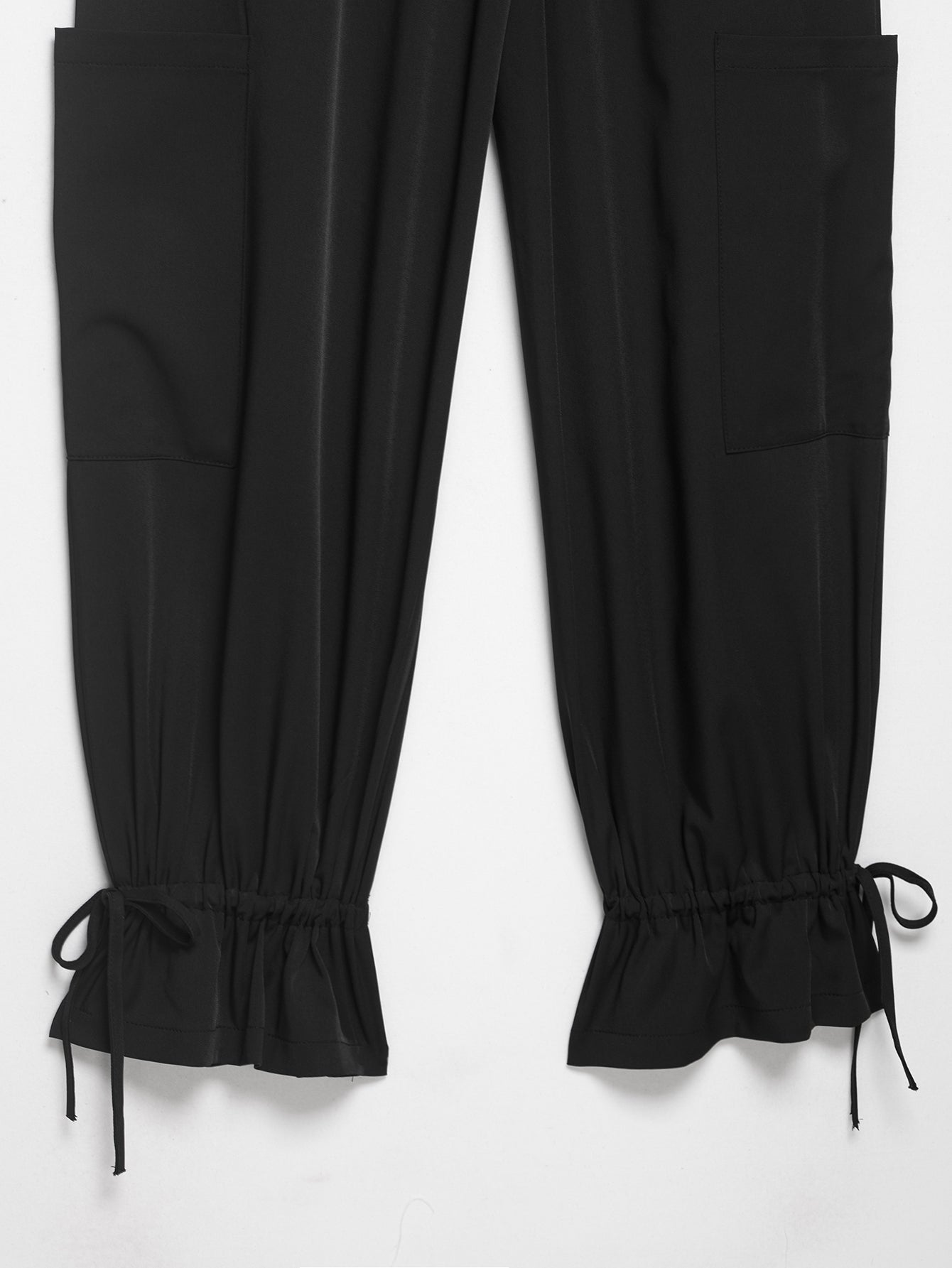 Women Hem Lace Drawstring Strap Wide Leg Trousers Casual Pants