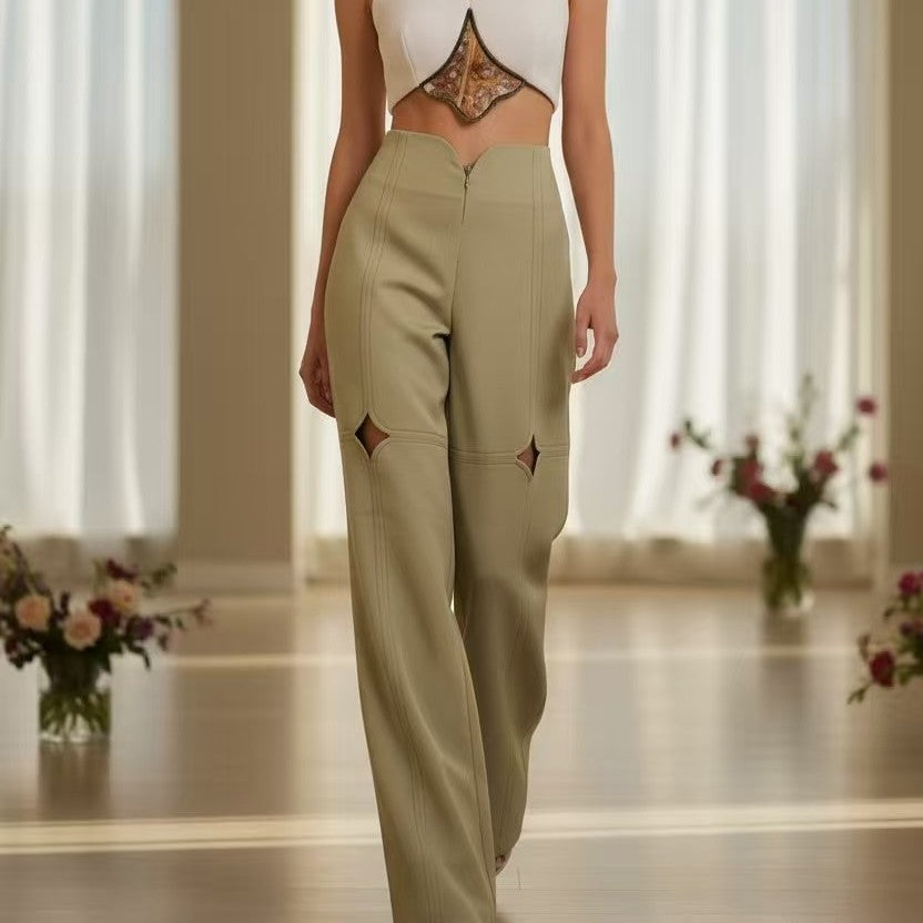 Women Hollow Out Cutout Stars Design Straight Leg Trousers