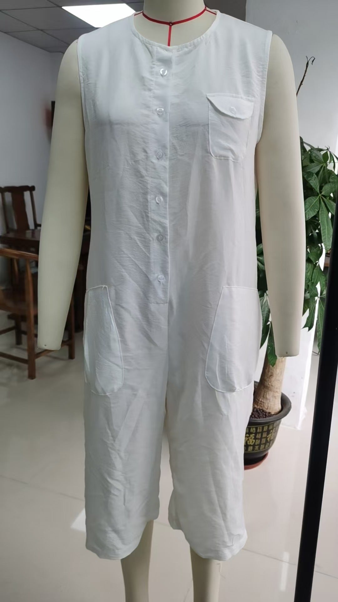 Spring Summer Casual Retro Sleeveless White Cotton Linen Wide Leg Cropped One Piece
