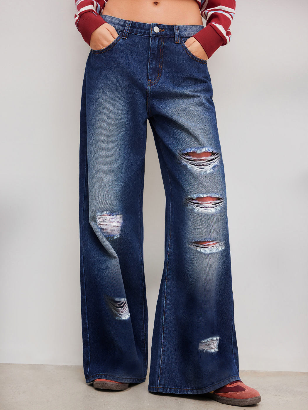 Ripped Jeans Washed High Waist Straight All Matching Loose Denim Trousers Women Jeans