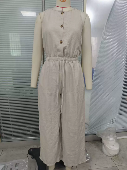 Spring Summer Solid Color Buttons round Neck Elastic Waist Loose Jumpsuit Women