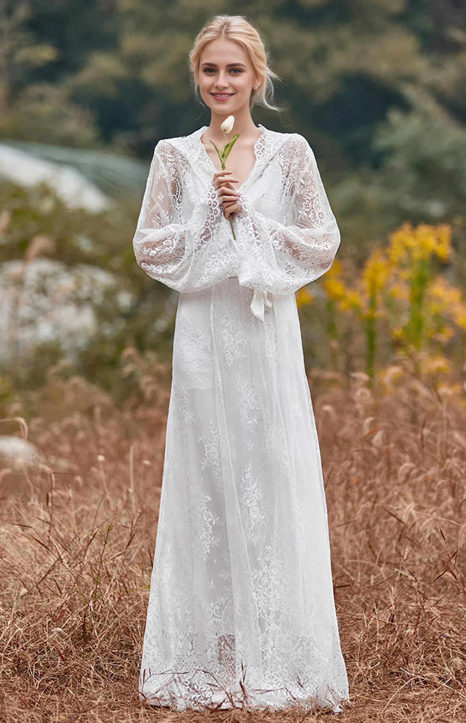 Romantic Floral Lace Hooded Bridal Robe – Long Sheer Lace Cover-Up with Satin Slip