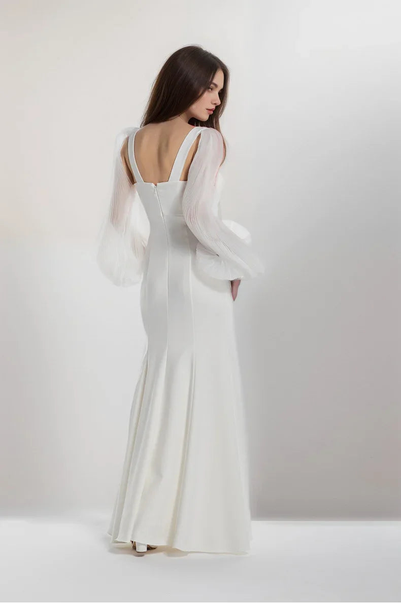 Ethereal Sculpted Bust Mermaid Gown with Sheer Balloon Sleeves Dress