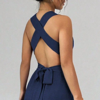 Women Clothing V neck Halter Backless Jumpsuit Waist Controlled Lace up Wide Leg Trousers Office Casual Slimming Jumpsuit