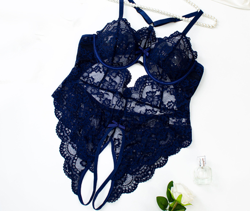 Plus Size Lace Women Sexy Underwear Deep V Plunge Gather Thin Sexy Seduction Open End Jumpsuit