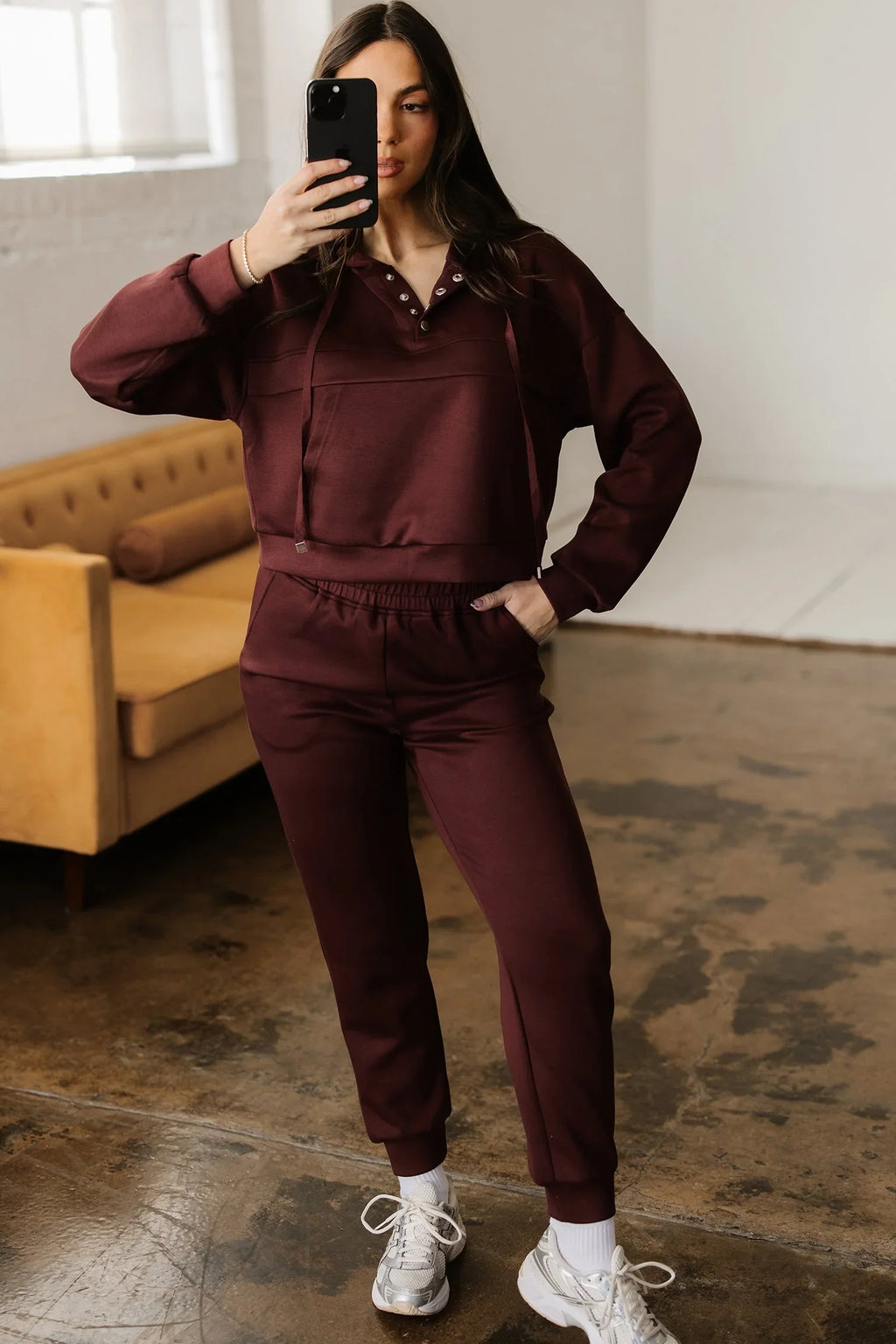 Chicory Coffee Button Drawstring Cropped Hoodie Jogger Set