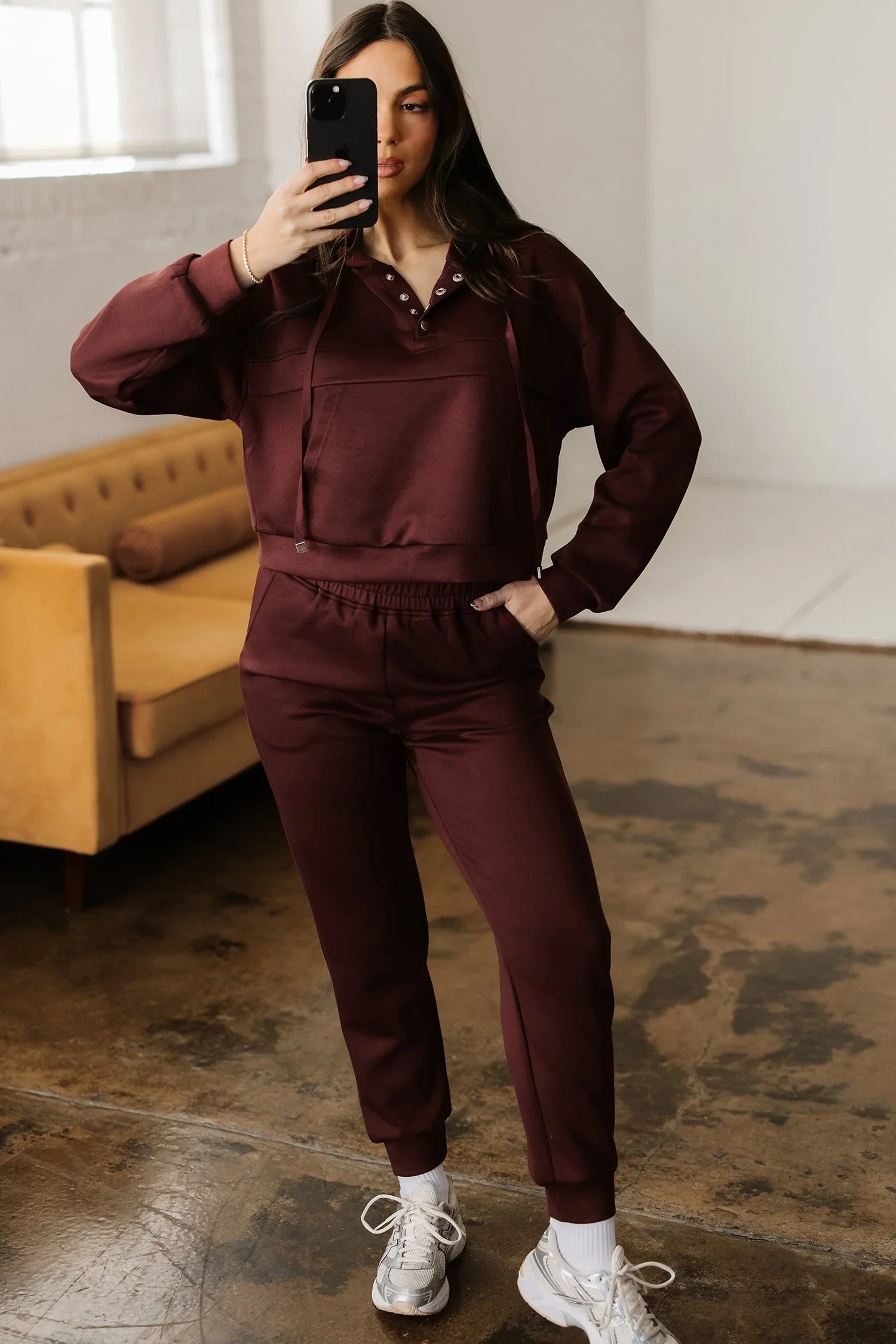 Chicory Coffee Button Drawstring Cropped Hoodie Jogger Set