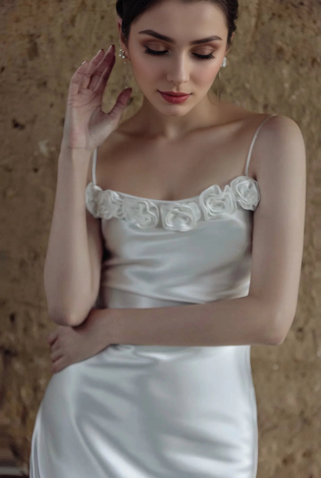 Vintage Rose-Trimmed Satin Slip Wedding Dress with Spaghetti Straps
