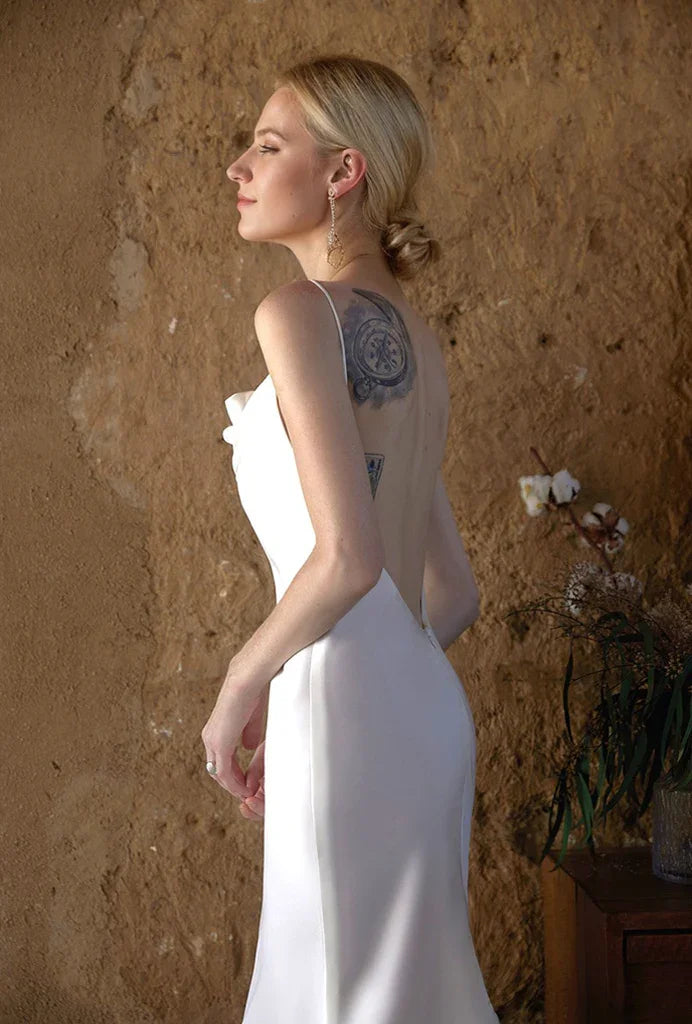 Romantic Draped Cowl Neck Satin Wedding Dress with Low Back and Train