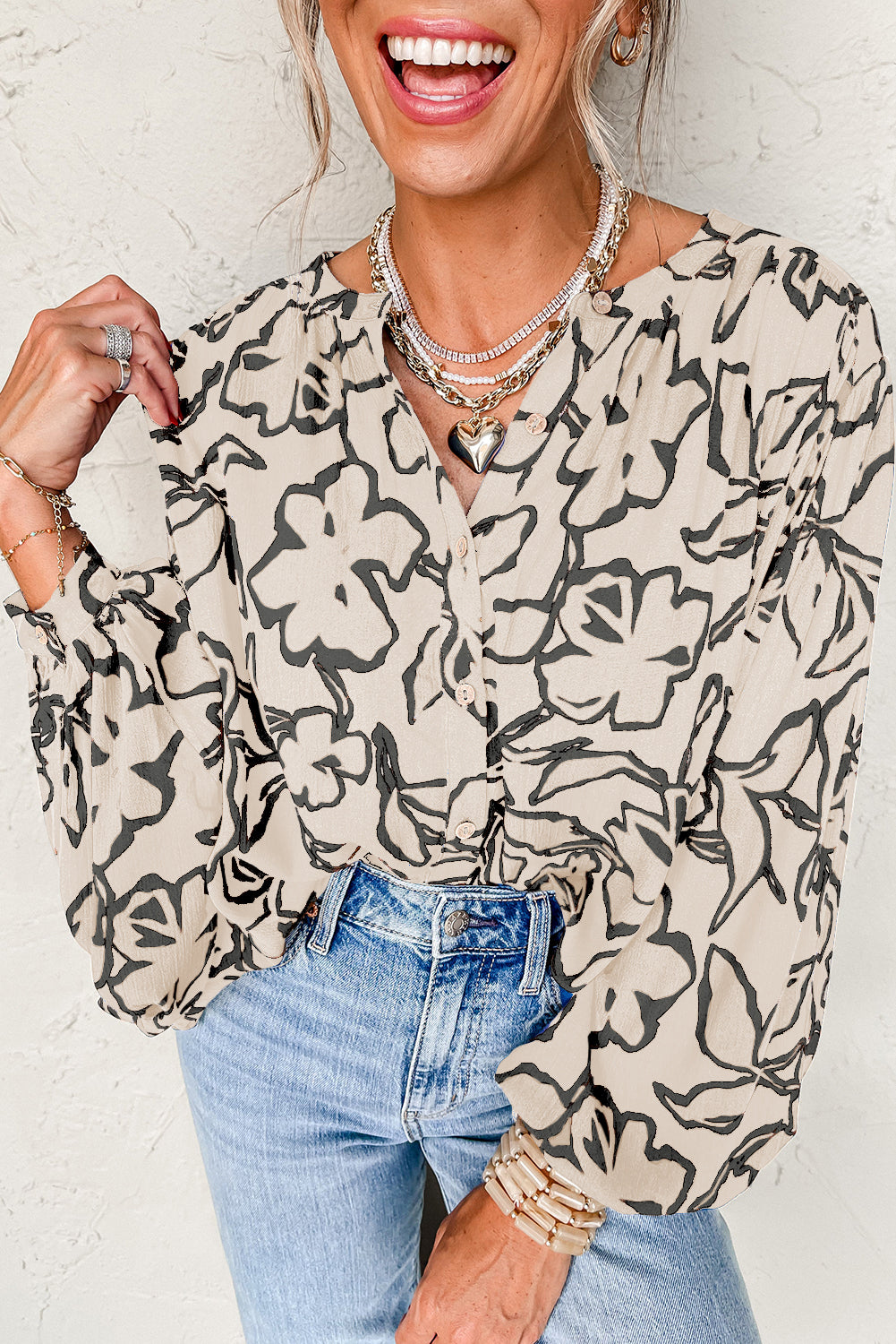 Marengo Gray Morn Floral Print Batwing Sleeve Buttoned Loose Fit Shirt