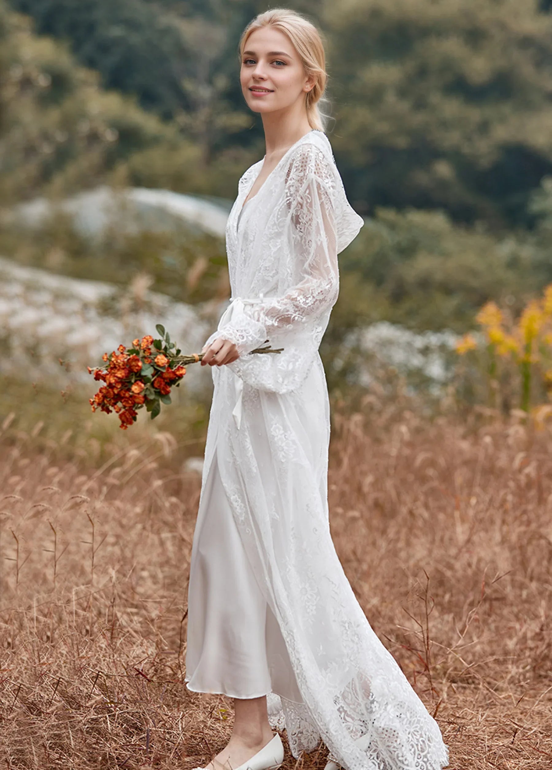 Romantic Floral Lace Hooded Bridal Robe – Long Sheer Lace Cover-Up with Satin Slip