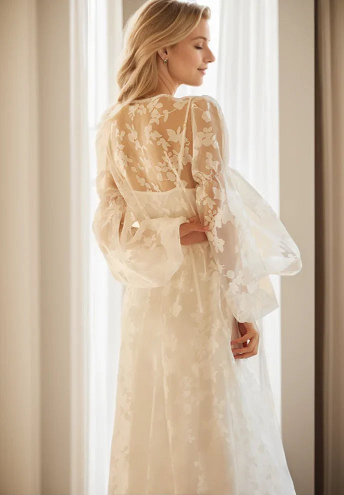 Ethereal Lace Long-Sleeve Sheer Bridal Robe Dress with Train