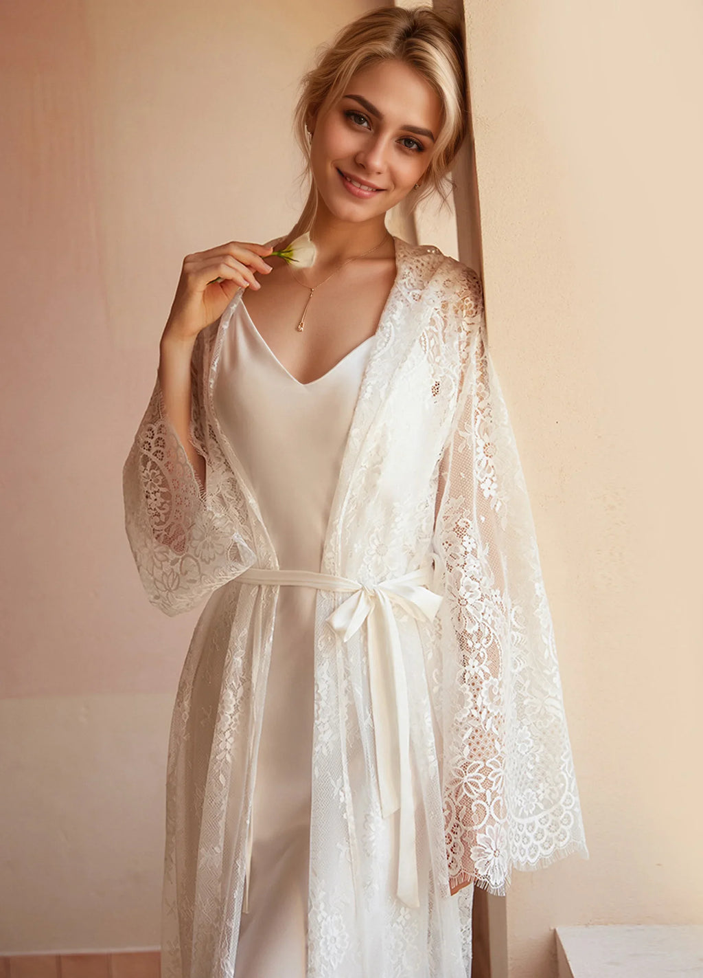 Romantic Floral Lace Hooded Bridal Robe – Long Sheer Lace Cover-Up with Satin Slip