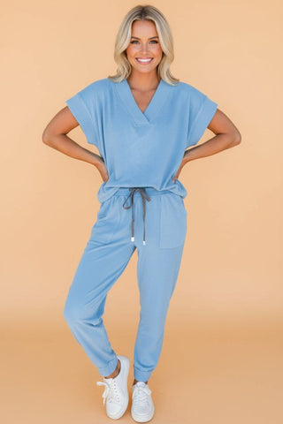 Rita Solid V-Neck Drawstring Two Piece Sets