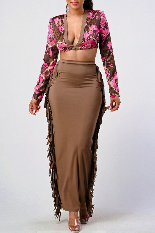 Coral Floral Print Tassel Two Piece Sets