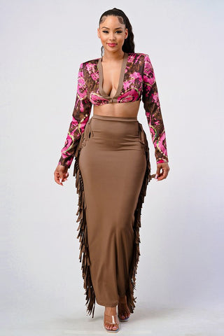 Coral Floral Print Tassel Two Piece Sets
