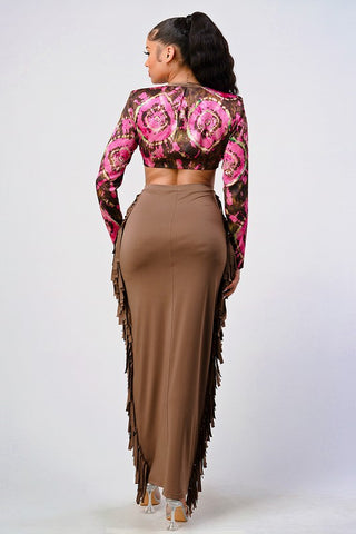 Coral Floral Print Tassel Two Piece Sets