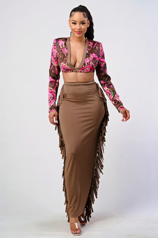 Coral Floral Print Tassel Two Piece Sets