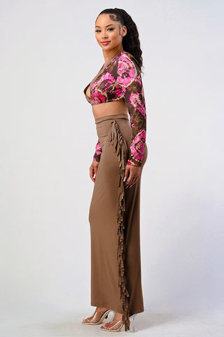 Coral Floral Print Tassel Two Piece Sets