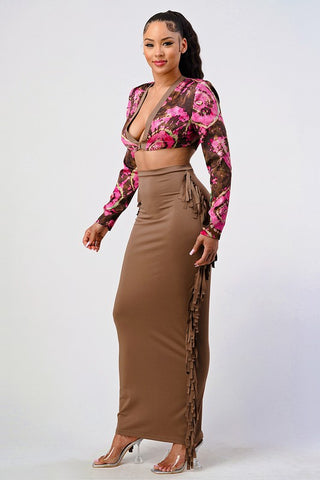 Coral Floral Print Tassel Two Piece Sets