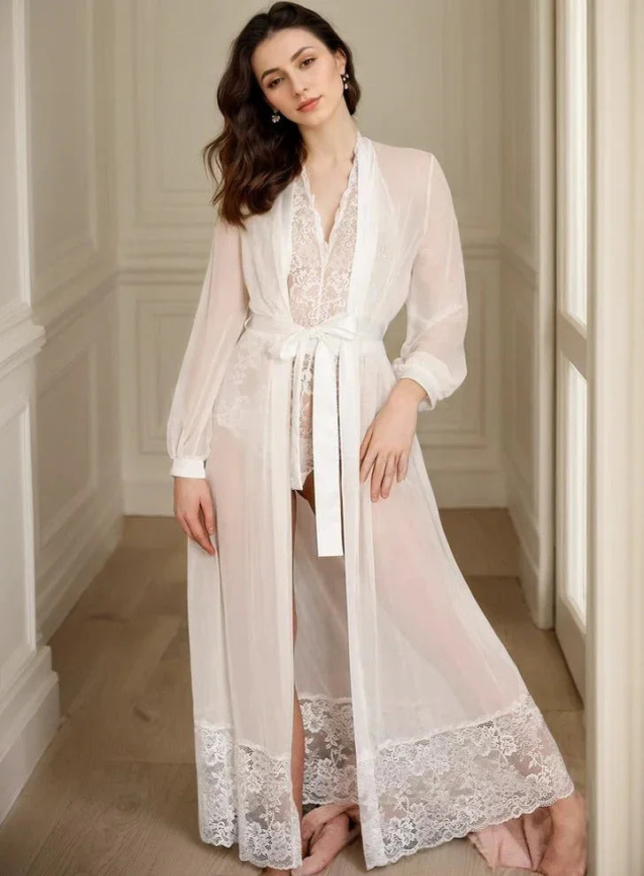 Elegant Sheer Mesh White Lace Long Bridal Robe