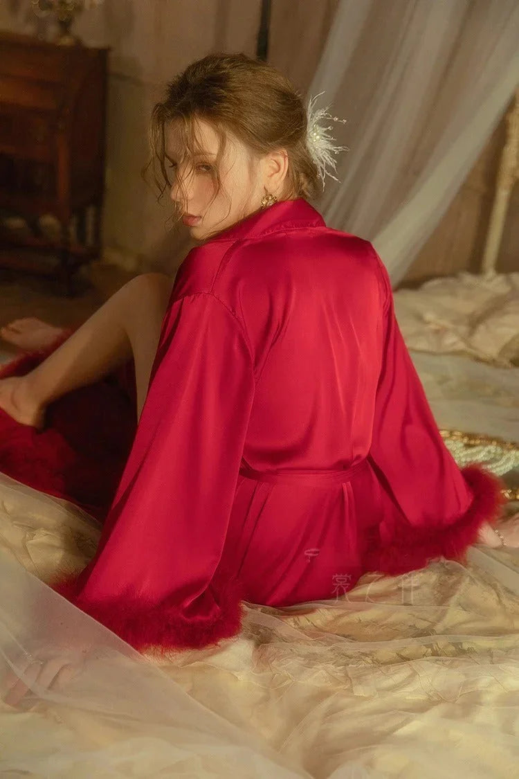 Elegant Satin Feather-Trimmed Robe & Nightdress - Luxury Bridal & Lounge Wear