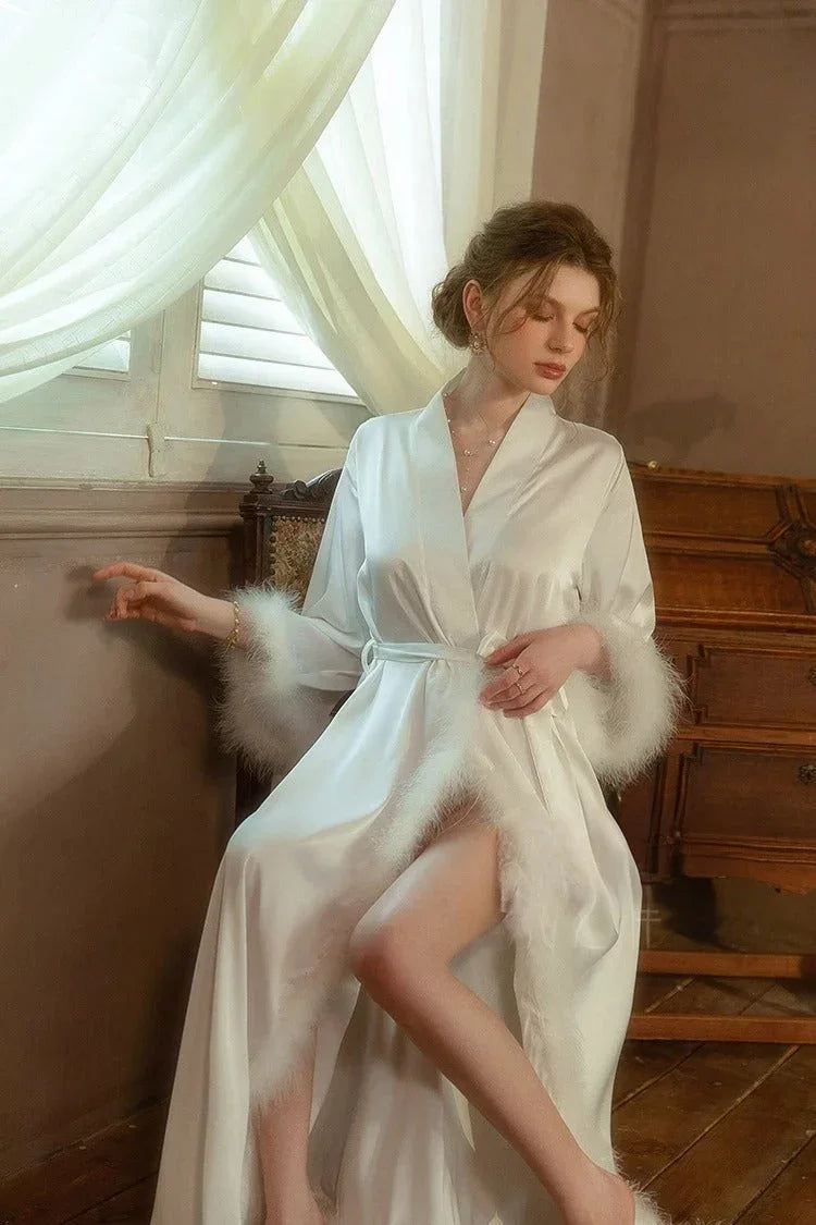 Elegant Satin Feather-Trimmed Robe & Nightdress - Luxury Bridal & Lounge Wear