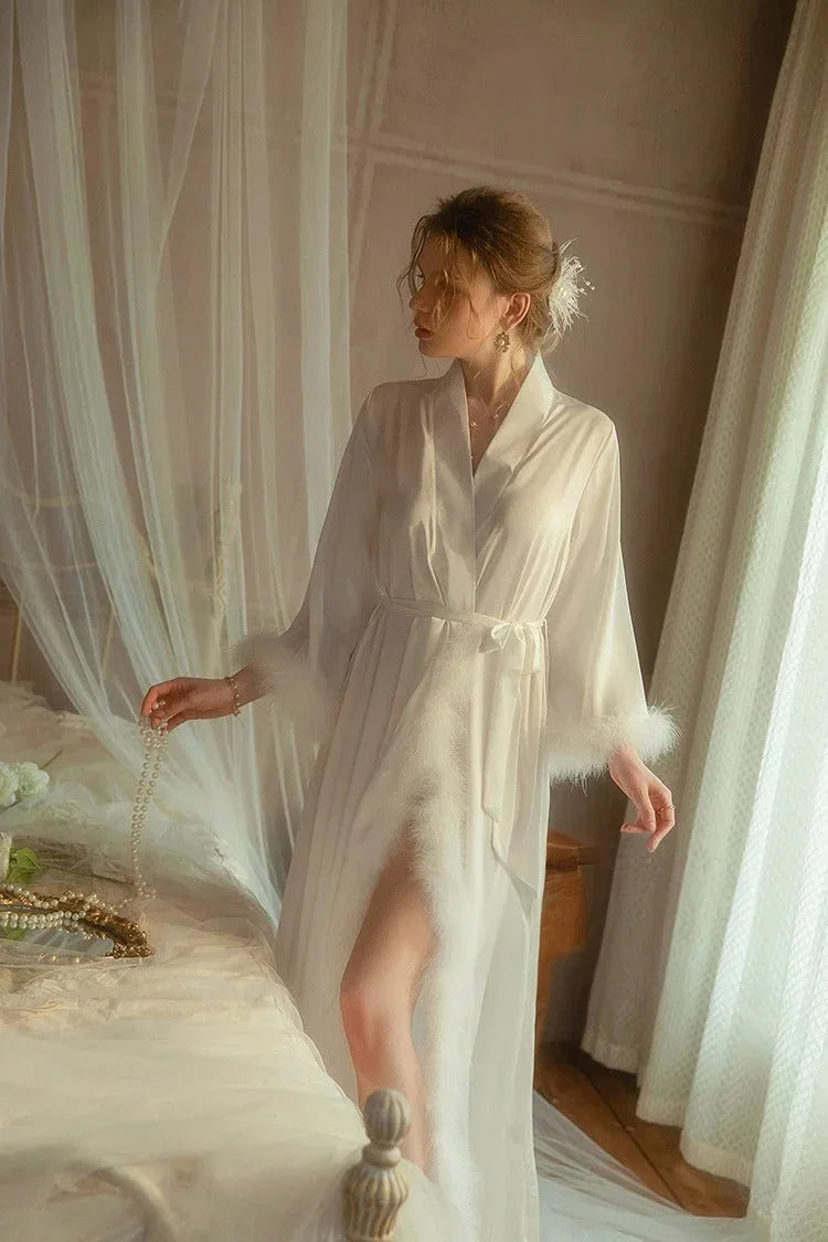 Elegant Satin Feather-Trimmed Robe & Nightdress - Luxury Bridal & Lounge Wear