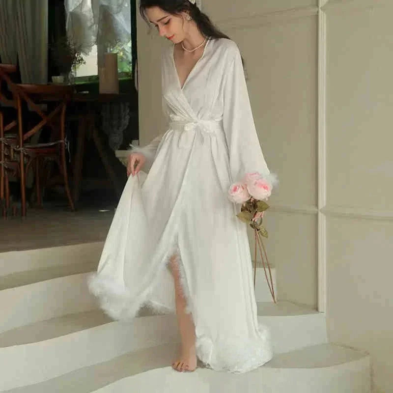 Elegant Satin Feather-Trimmed Robe & Nightdress - Luxury Bridal & Lounge Wear