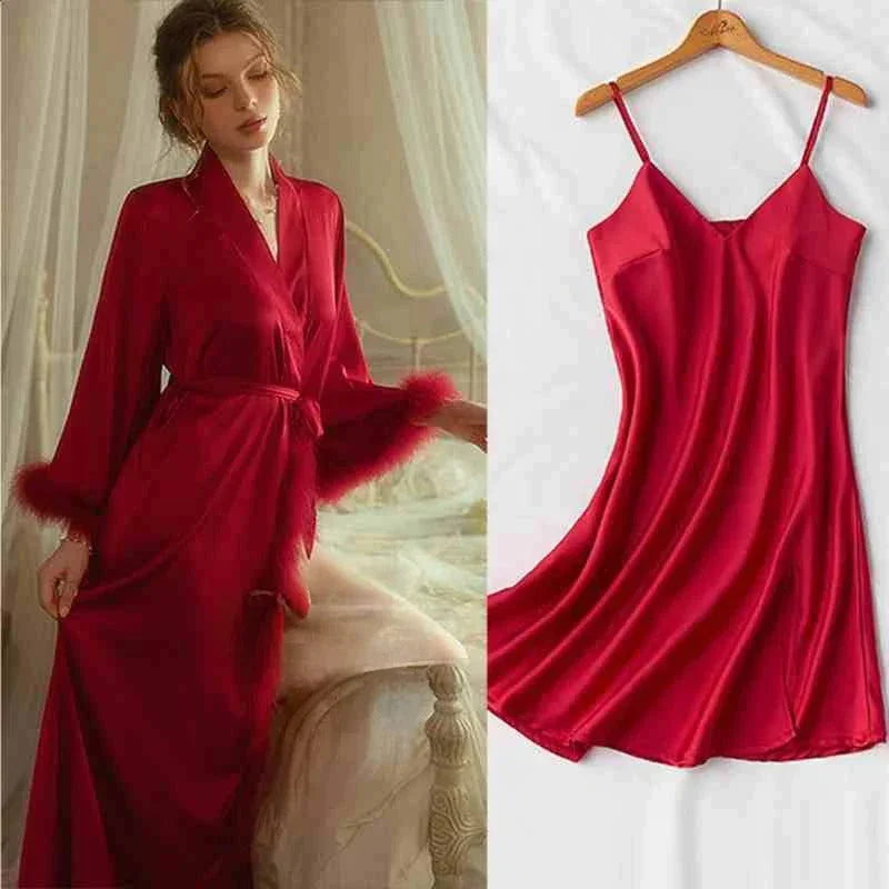 Elegant Satin Feather-Trimmed Robe & Nightdress - Luxury Bridal & Lounge Wear