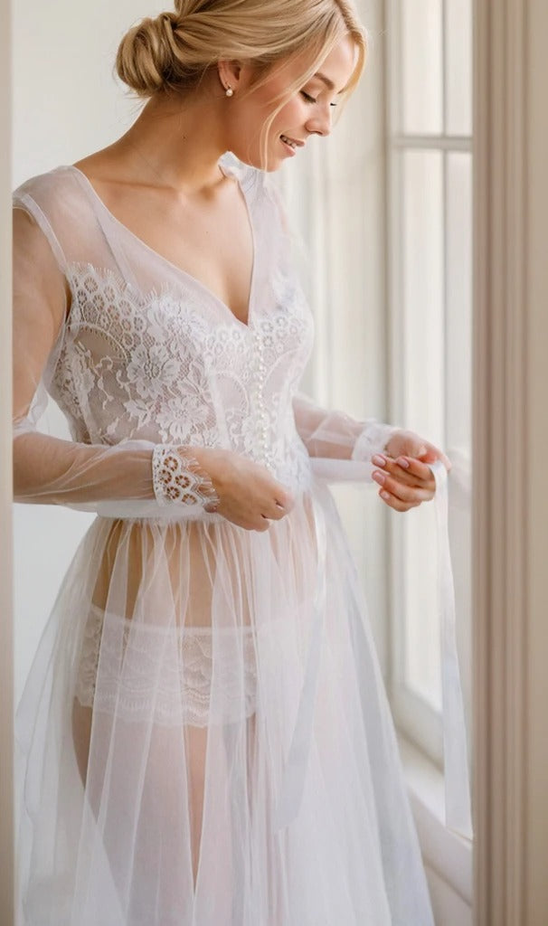 Elegant Sheer Lace Bridal Robe – Long-Sleeve See-Through Lingerie Gown