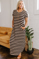 Zaidy Black Stripe Casual Round Neck T-shirt Maxi Dress with Pockets