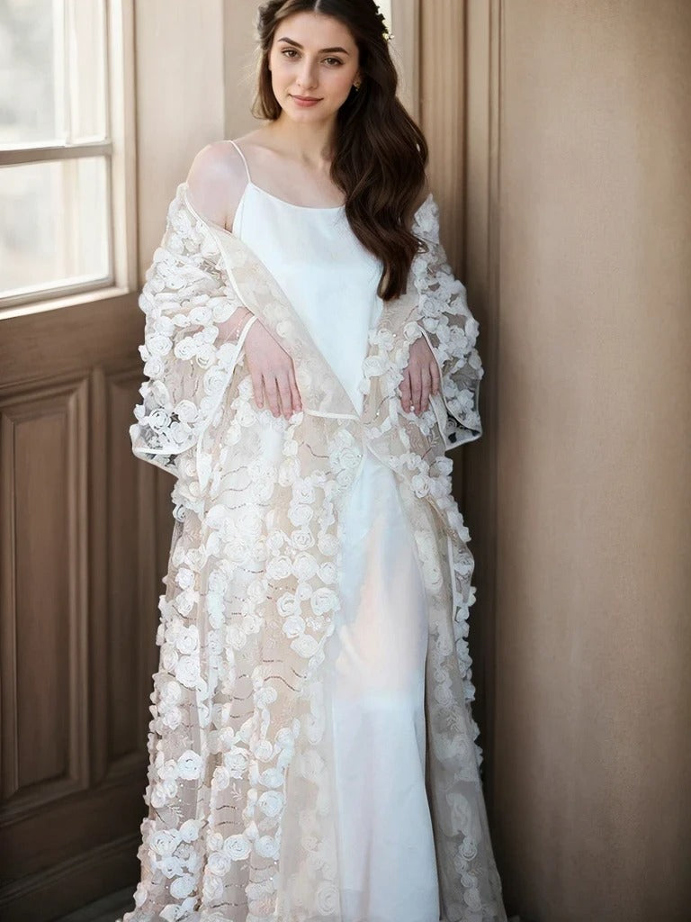 Ethereal 3D Floral Lace Bridal Robe – Elegant Sheer Wedding Cover-Up